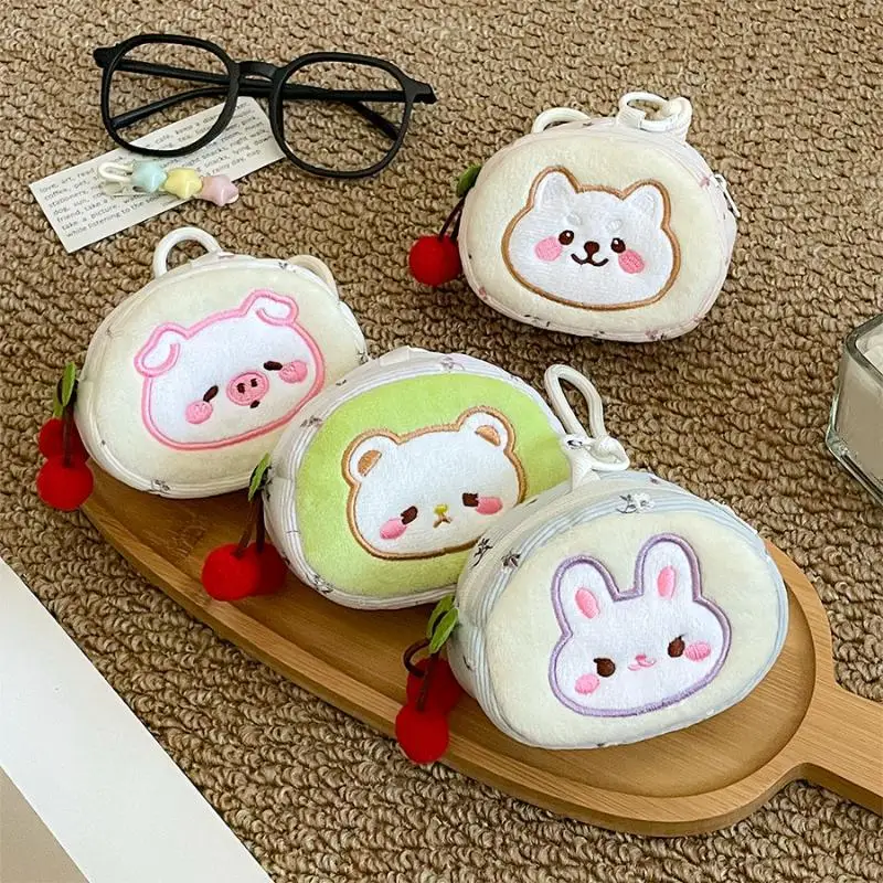 1Pcs Cute Cartoon Animal Plush Coin Purse Cherry Embroidery Mini Zipper Wallet Kawaii Small Storage Pouch for Girls Daily Acces