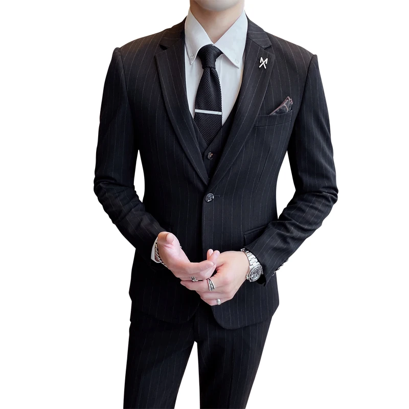 

2026 New Men's Suit Business Formal Wedding Suit Korean Style Slim Fit Stripe Handsome Groom Tuxedo Three-Piece Set