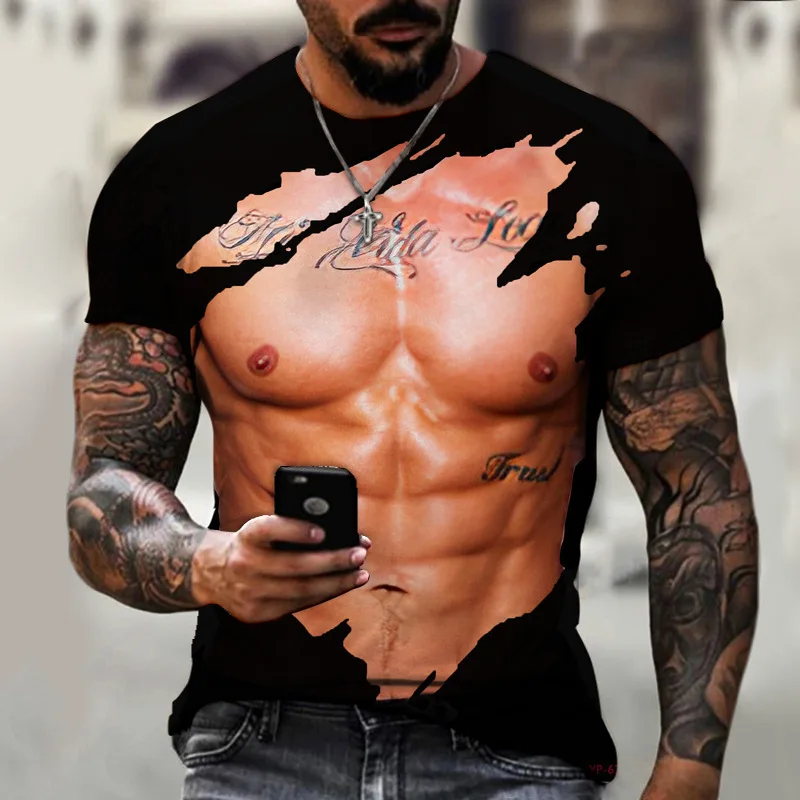 2024 Muscle T-shirt for Men 3D Abdominal Print Men\'s Fashion Personality Short Sleeve O-Neck y2k Top Summer Streetwear Camisetas