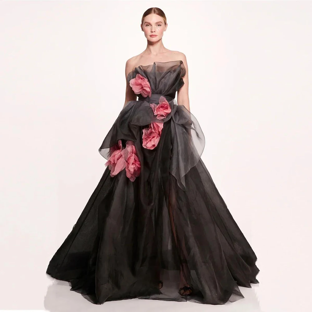 Elegant Black Organza Formal Dress With 3D Rosette Strapless Backless Pleat Floor-Length Prom Party Dresses vestidos de fiesta