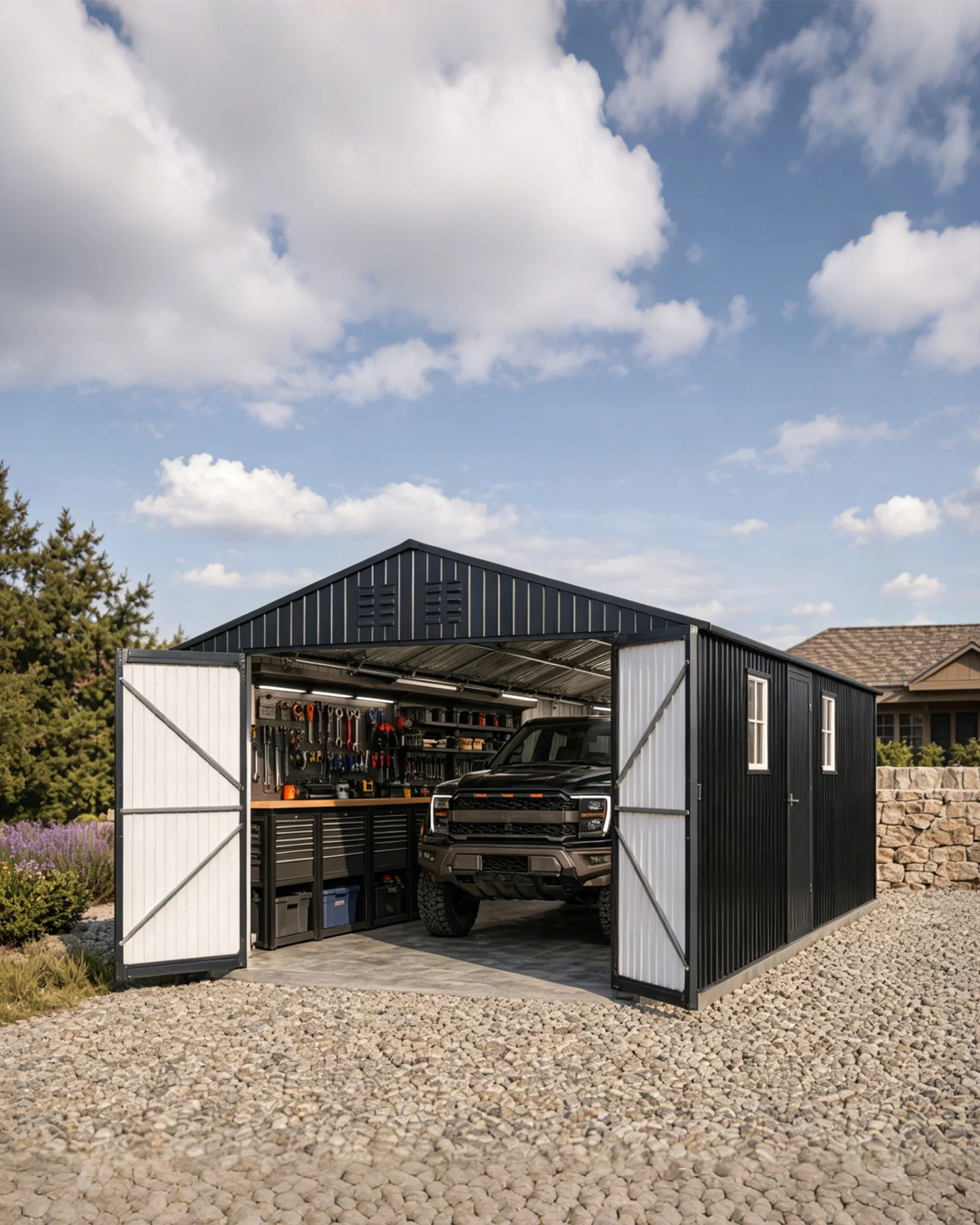 12x20 FT Enclosed Metal Carport, Heavy Duty Steel Garage Shed With Vertical Roof For Pickup Truck, All-Weather Shelter Storage
