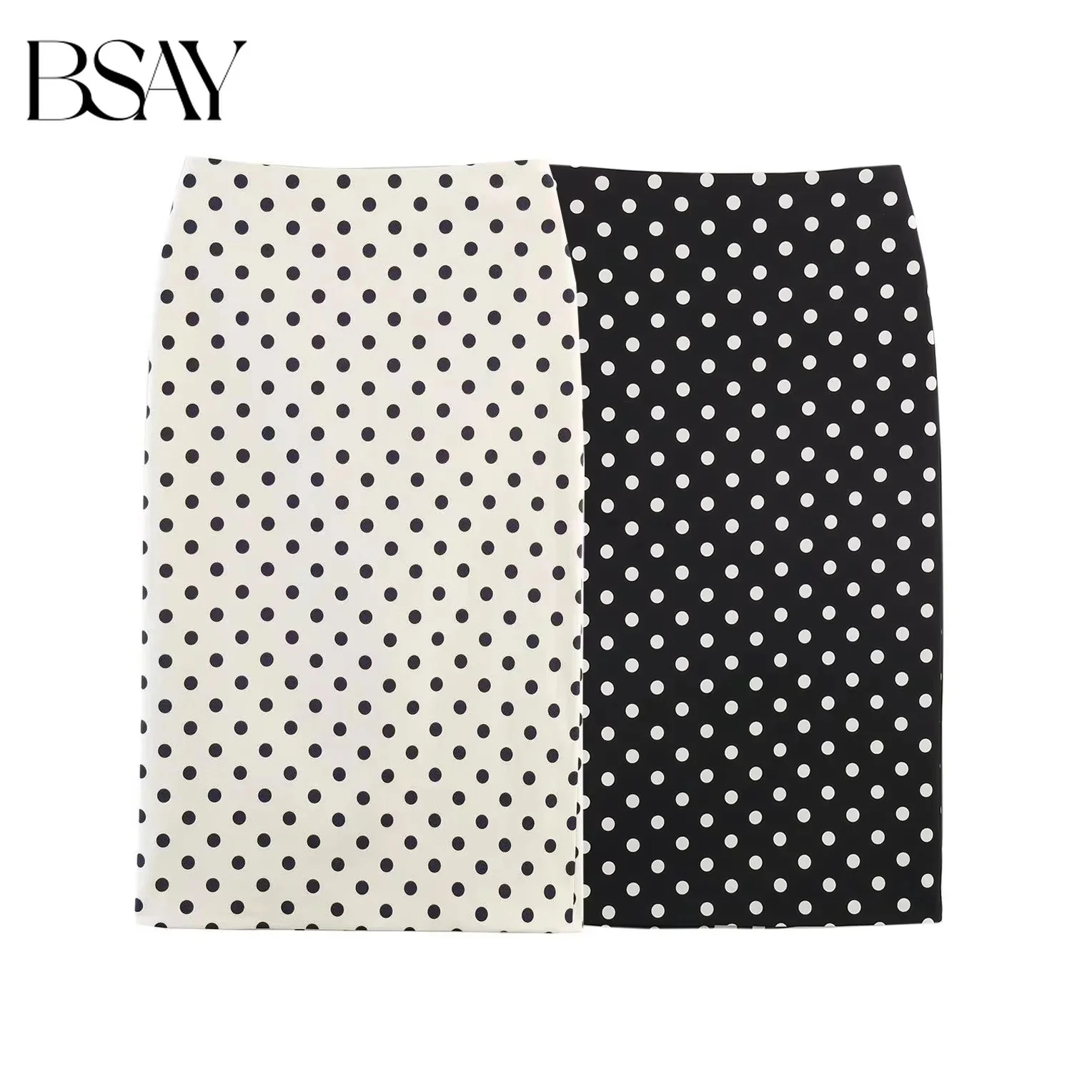 BSAY 2026 Summer Women Vintage Polka Dot Midi Skirt High Waist Back Slit Slim Pencil Skirt Elegant Daily Office Commuter Skirt