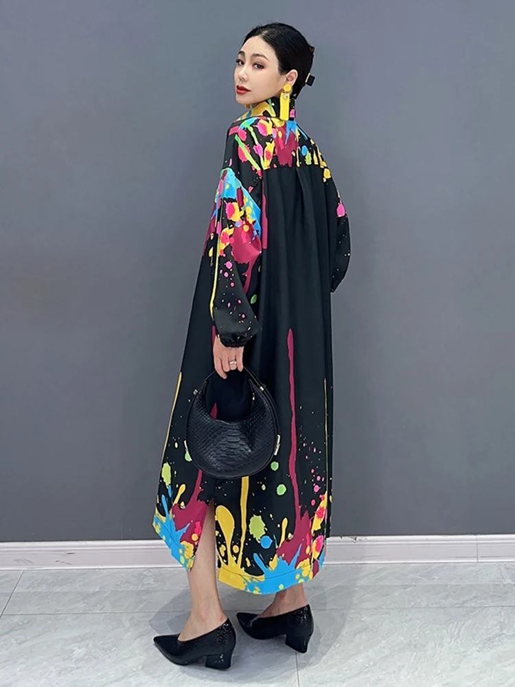 SHENGPALAE Graffiti Printed Dress For Women Fashion Lapel Pocket Patchwork Full Sleeve Loose Vestido Robe Autumn 2024 New 5R5552