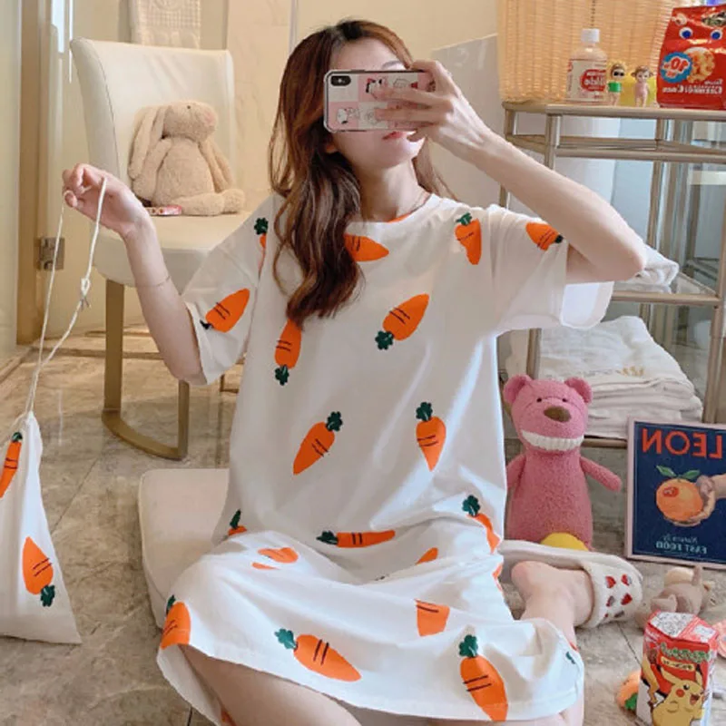 Women\'s Summer Nightgown Cute Mid-Length Nightgown Thin Home Wear Short-Sleeved Large Size Loose Maternity Pajamas