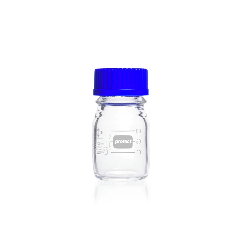 DURAN® Protect Laboratory Bottle, clear, with DIN thread, plastic coated, with screw cap and pouring ring from PP (blue)