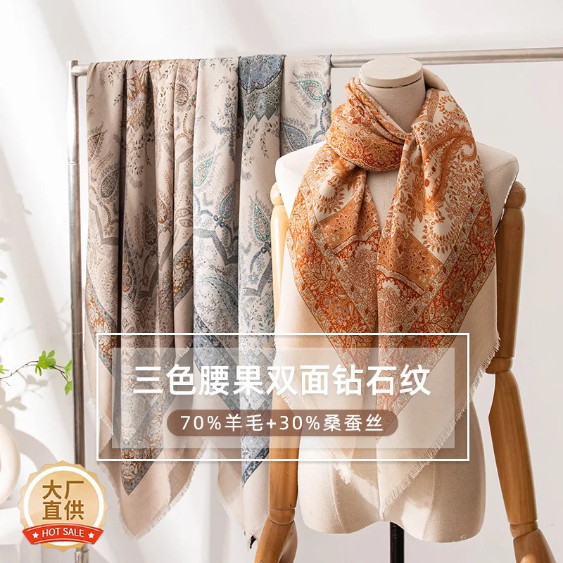 New Women's Wool Scarf Vintage Printed Square Sunshade Warm Bib Shawl Dual-Use Decorative