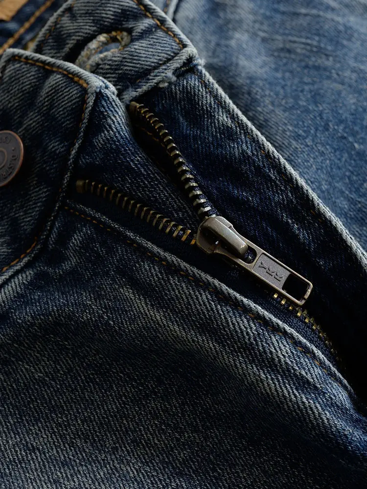 Men\'s Dark Blue Distressed Denim Cargo Pants with Knee Patches Loose Fit Cuffed Ankle Jeans Casual Leggings Drawstring Trousers