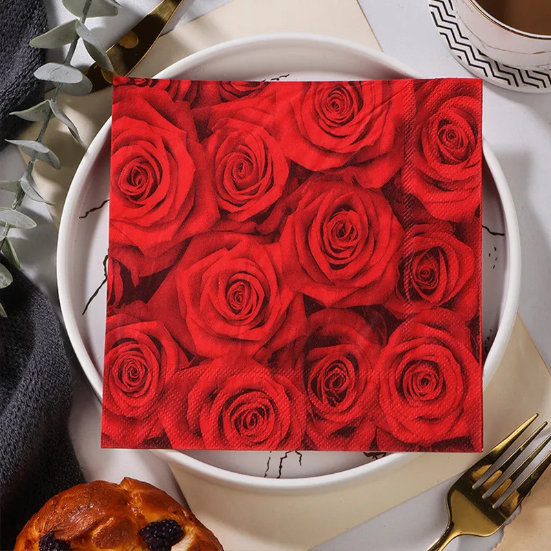 20Pcs/pack Red Rose Flower Printed Paper Disposable Tableware Sqaure Napkin Tissues Wedding Party Decoration