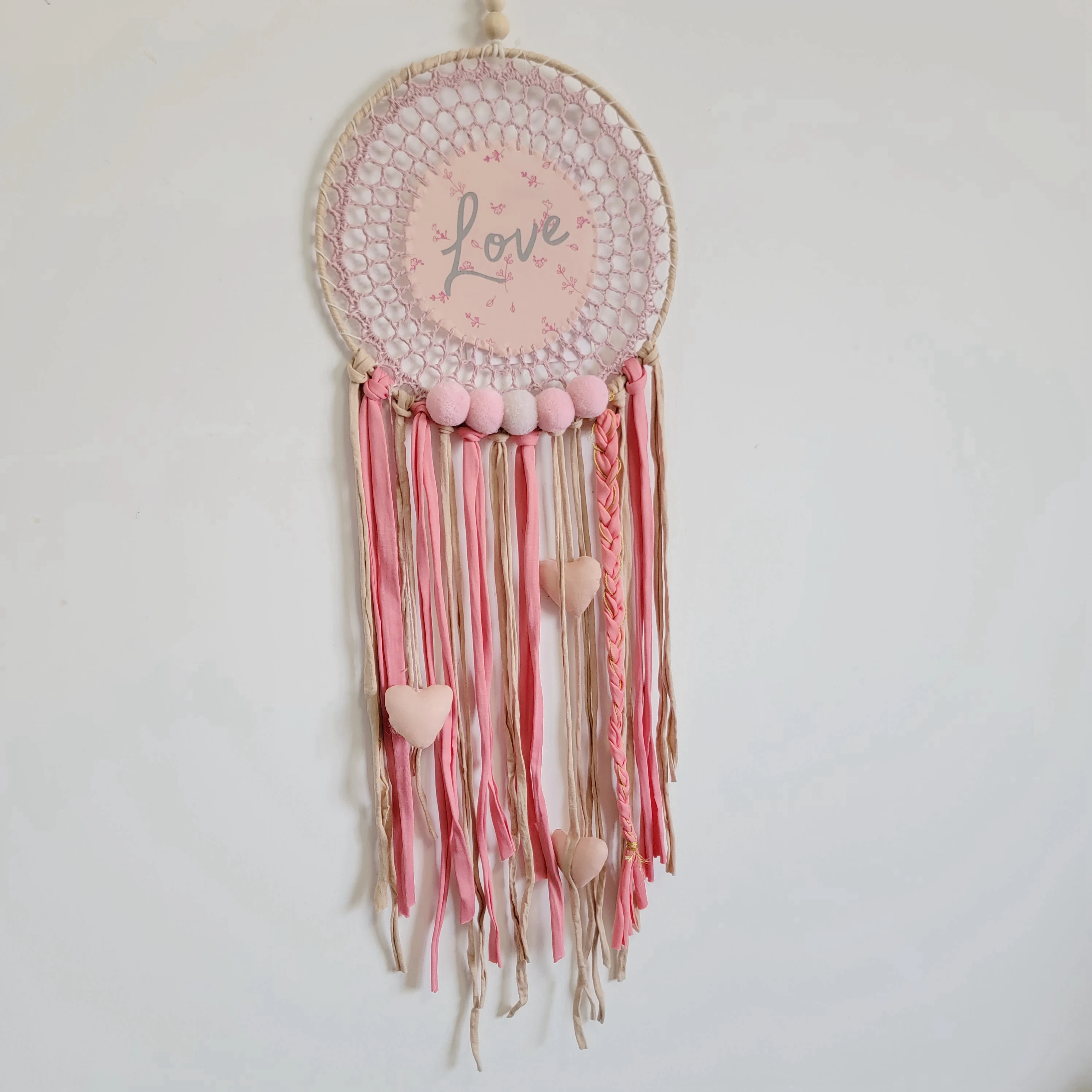 DREAMCATCHER-HOME DECORATION-with  pompom& fabric heart-with 