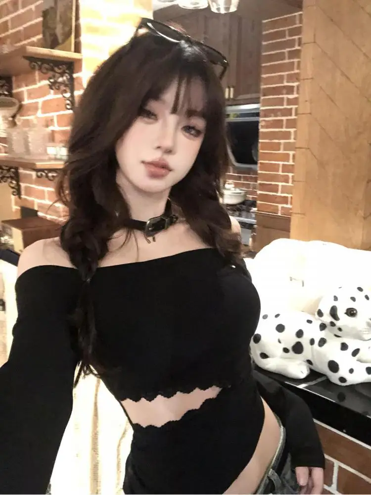 Tonngirls Backless Graphic T Shirts 2000s Japanese Y2k Long Sleeve Skinny Off Shoulder Crop Tops Gothic Print Gaphic Tops Tee