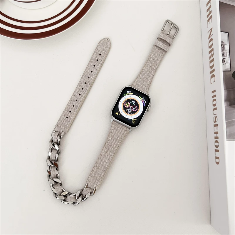 Metal chain + Leather denim strap for Apple Watch 9 6 8 SE 7 Band 45mm 40/44mm Dual loop wristband iwatch Series 41mm49mm