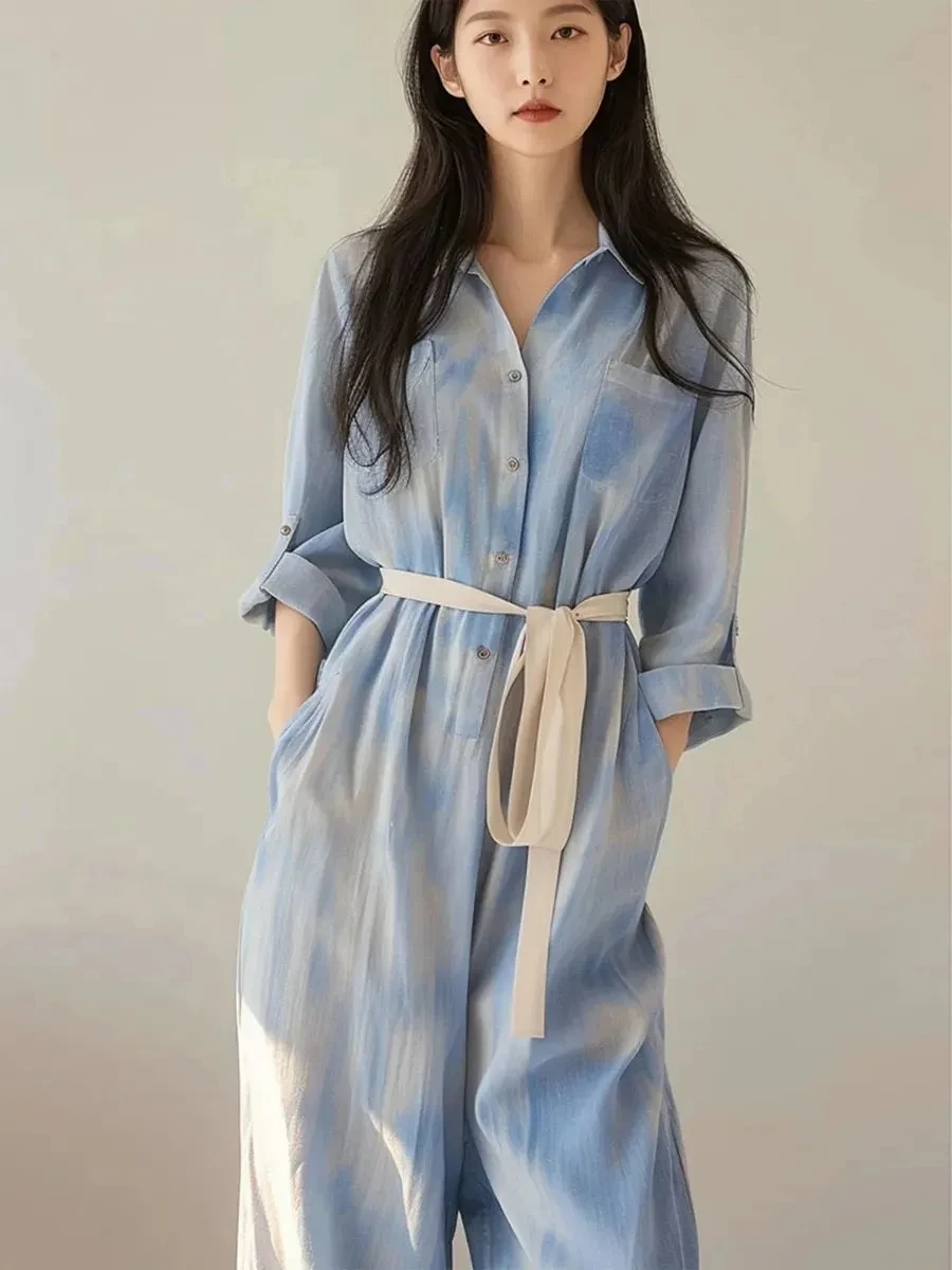 Simple Commute Summer Jumpsuits 2026 New Loose Thin Contrasting Color Versatile Lace Up Curled Sleeve Shirt Jumpsuit 2XL