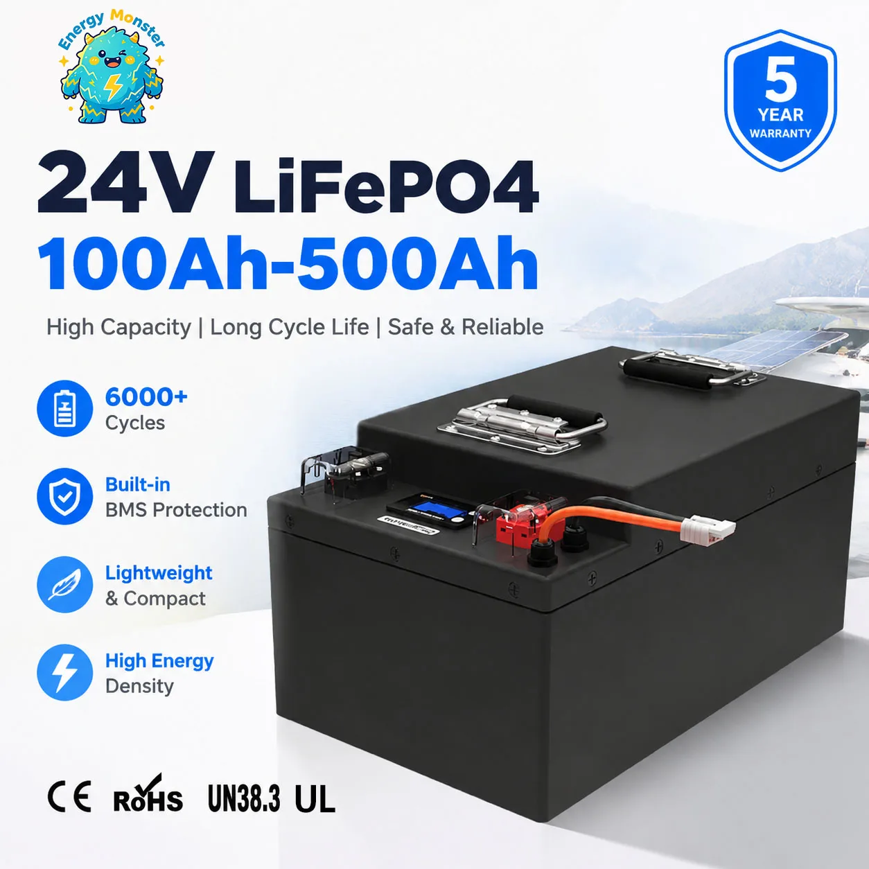 

EM 24V 200ah Lifepo4 Battery 100Ah 150Ah 250Ah 300Ah 350Ah 400Ah 500Ah Rechargeable for 2000W Solar System UPS Trolling Motor