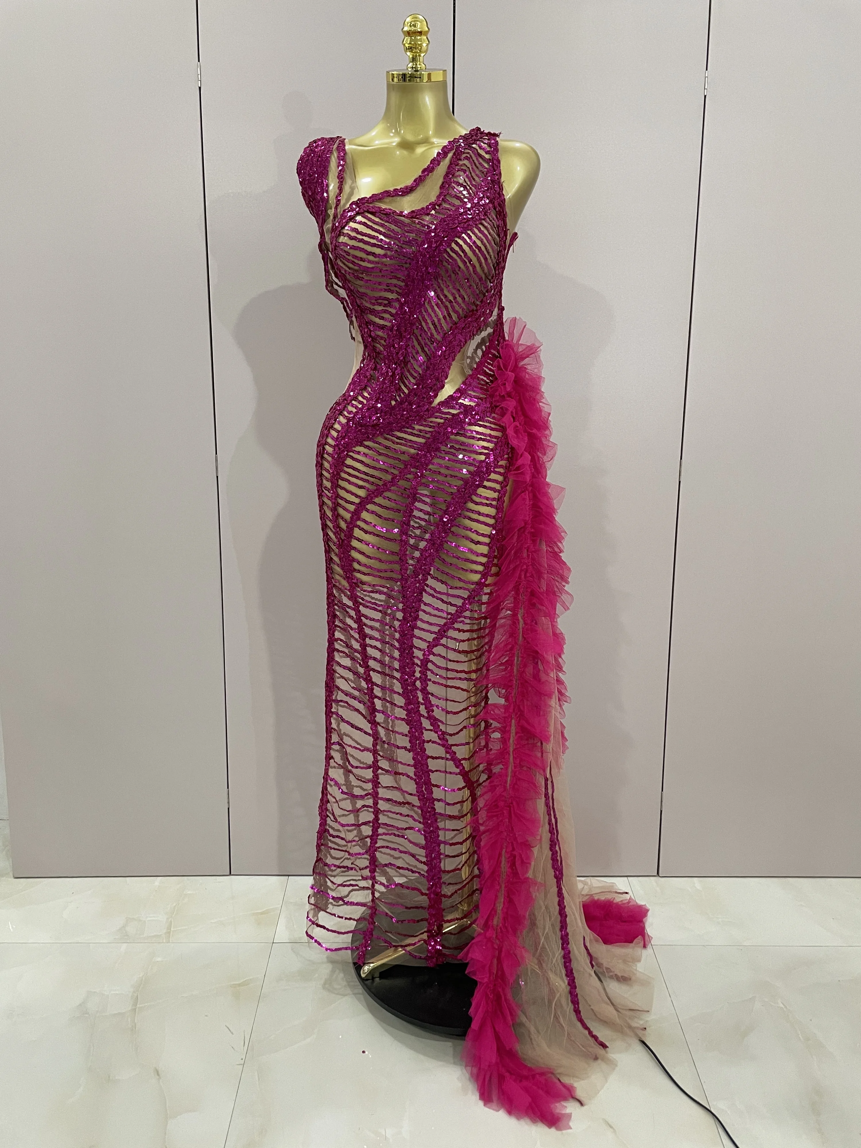 ประกายเลื่อมเซ็กซี่ตาข่ายซีทรูหางยาวชุดผู้หญิงงานแต่งงานฉลองชุดราตรีงานพรอมวันเกิดชุดไนท์คลับเครื่องแต่งกาย