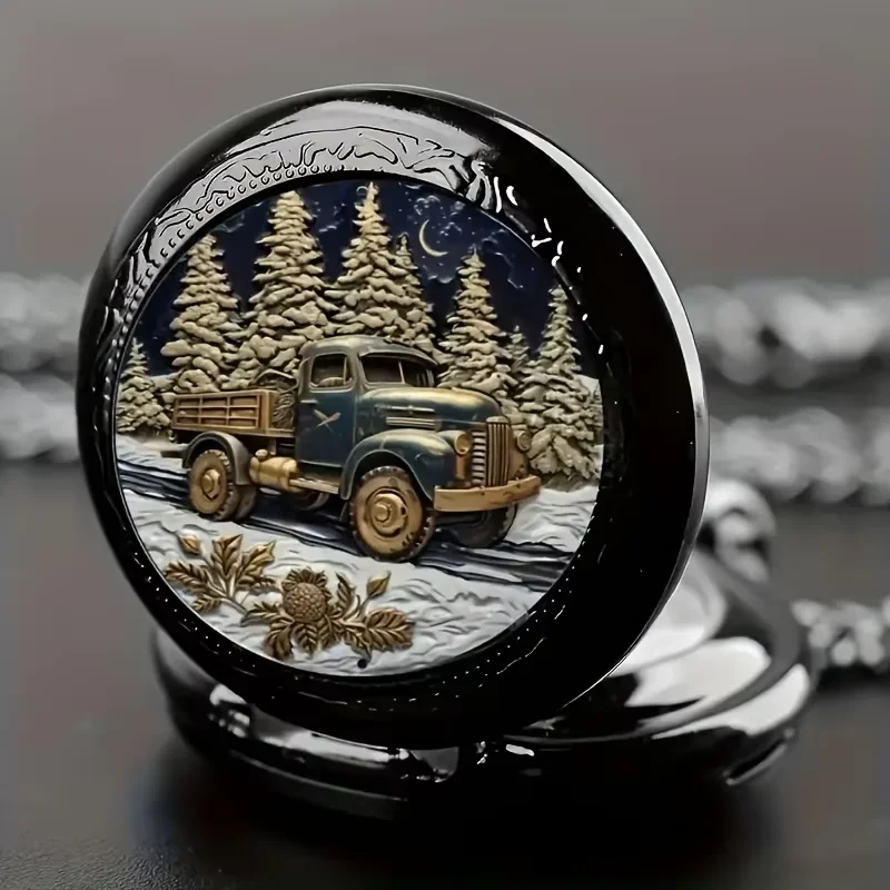 New color picture truck flip pocket watch, medium size nostalgic pattern digital quartz watch, gift fashion necklace watch
