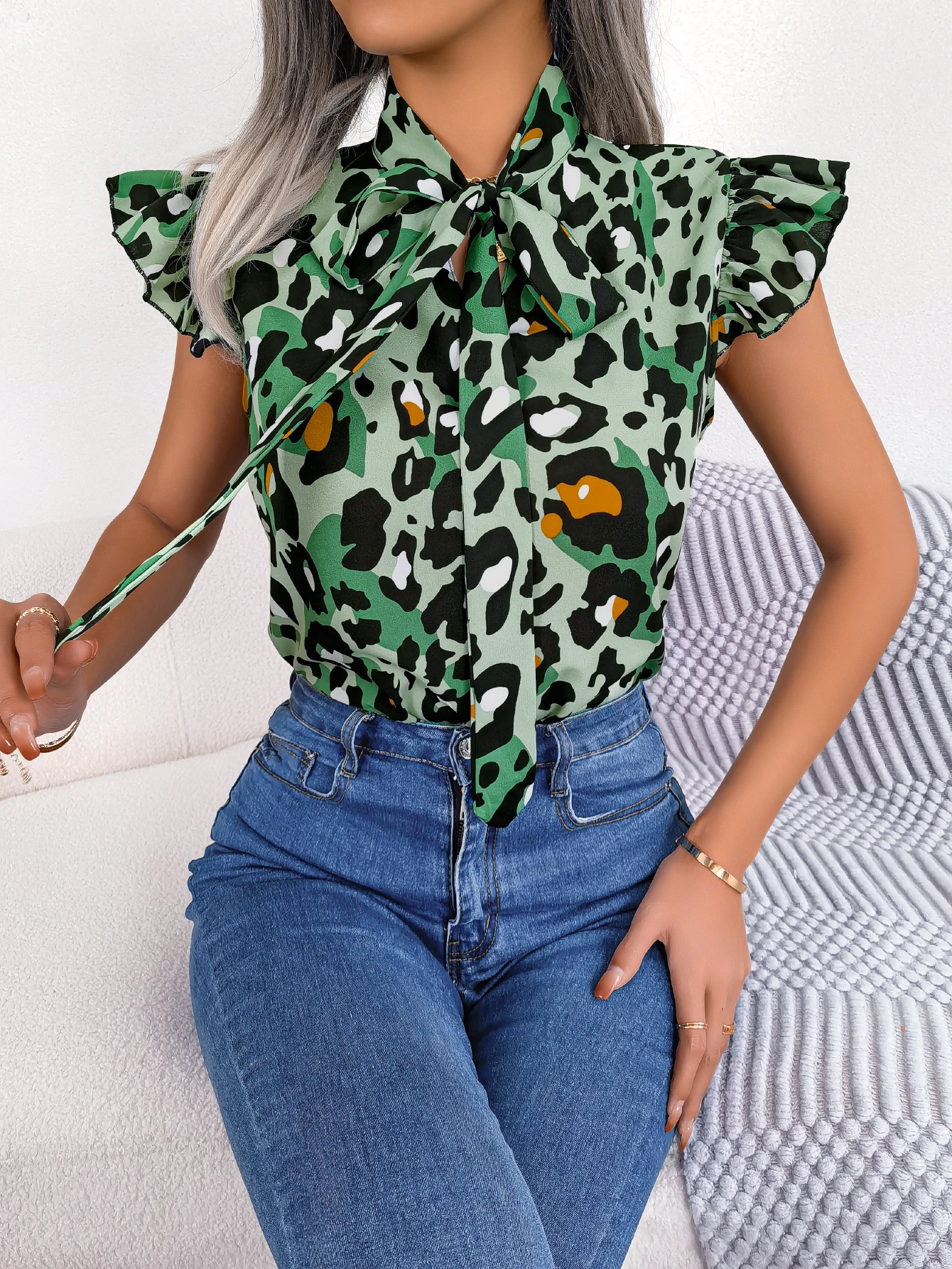 Women Casual Leopard Print Lace Up Ruffles Chiffon Blouse Summer Top