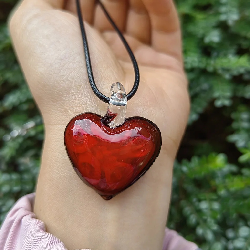 1PCS Fashion Red Black Glass Muran Floral Love Heart Shape Lampwork Flower Pendant Necklace For Women Cheap Items Jewelry Gift