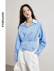 SENTUBILA Striped Polo Collar Shirt 2024 Summer Irregular Double Breasted Tops Simple Long Sleeve Waisted Blouses 141C53261