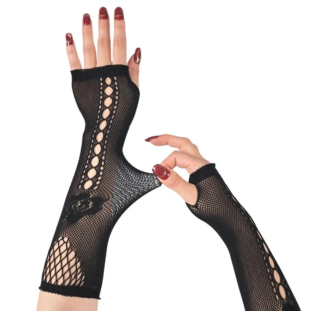 Manga de braço longo sexy oco para fora luvas sem dedos elasticidade protetor solar mangas de braço metade dedo luvas senhoras preto braço mitten
