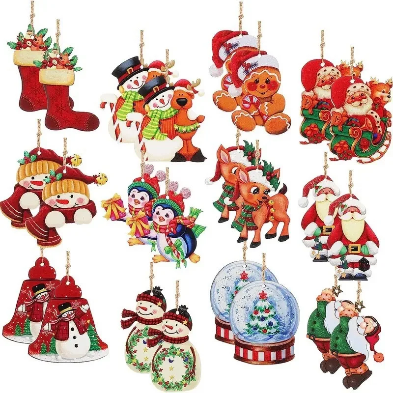 2-4 inches Wooden Wooden Christmas White Ball Santa Claus and Snowman Themed Party Holiday Tree Hanging Home Decoration 12pcs