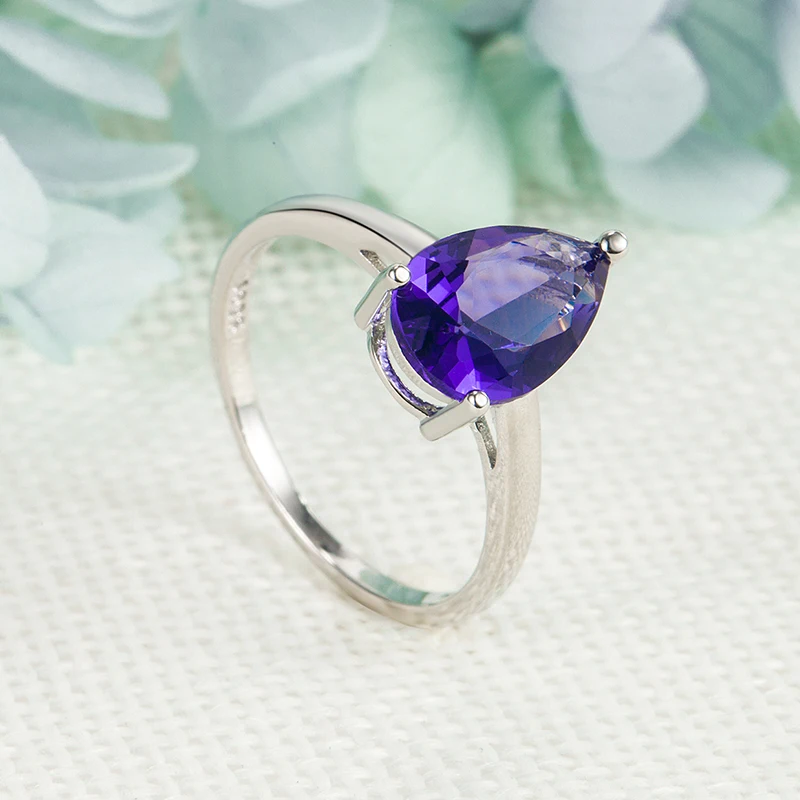 Trendy Ring 925 Silver Jewelry for Women Water Drop Shape Amethyst Gemstone Finger Rings Wedding Engagement Ornaments Wholesale