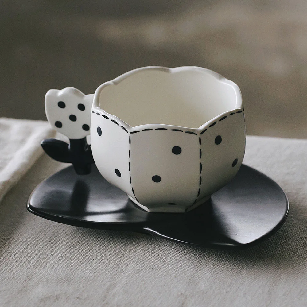 Creative Tulip Coffee Cup Set Polka Dot Ceramic Cup And Saucer Set Vintage Handmade Style Tea Cup Tableware Two-piece Sets