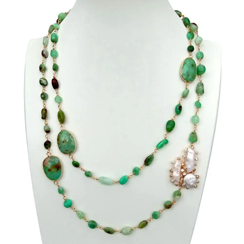 Y·YING Natural Green Chrysoprase Cultured Biwa Pearl Long Necklace Gemstone Jewelry