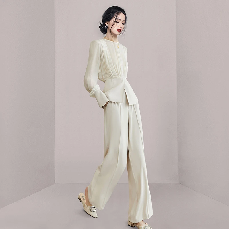 New Spring Summer Office Ladies 2 Piece Suits 2024 Elegant Women O Neck Long Sleeve Ruffles Tops + Pockets Work Wide-Leg Pants