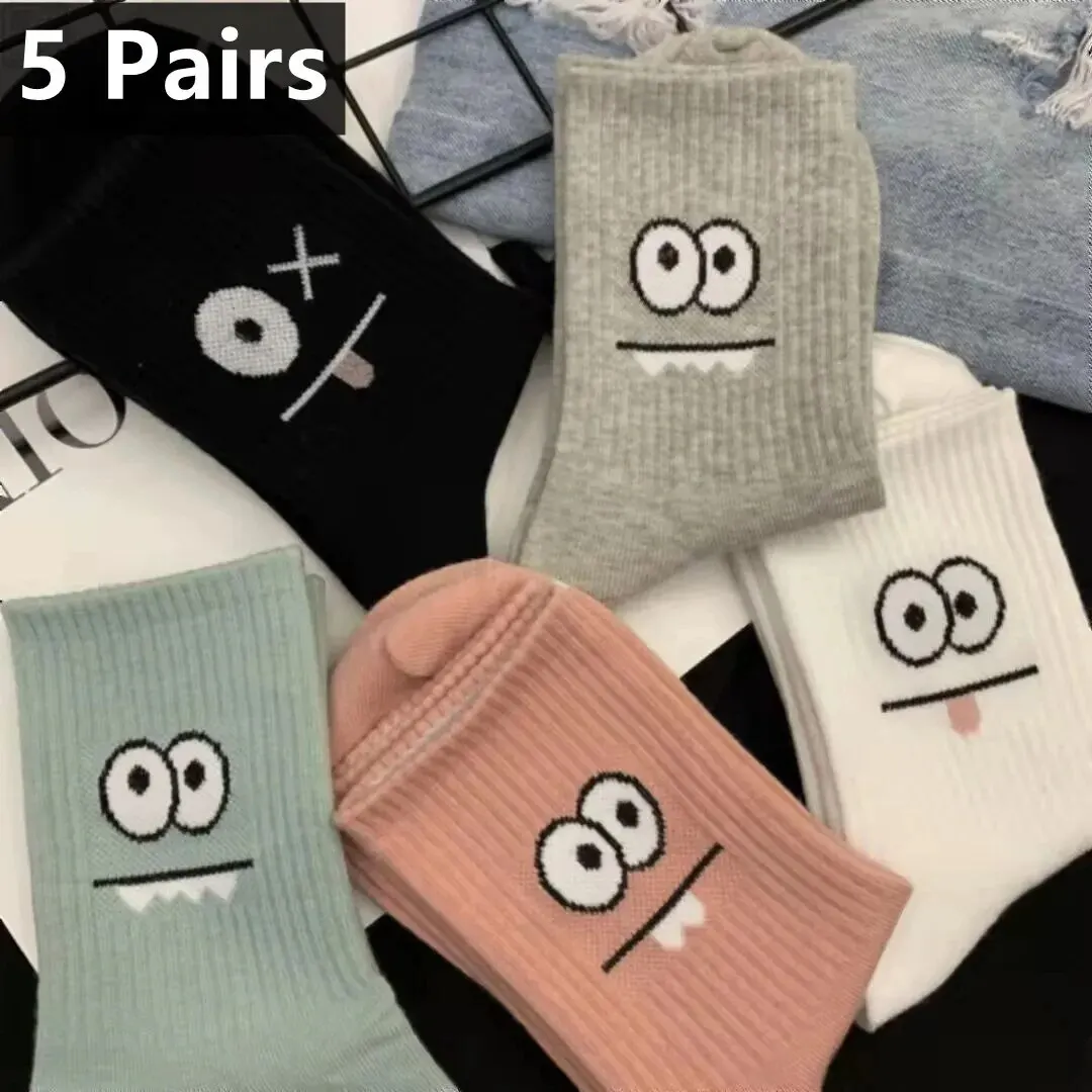 5 Pairs Cute Expression Print Socks, Comfy & Funny All-match Mid Tube Socks, Women's Stockings & Hosiery