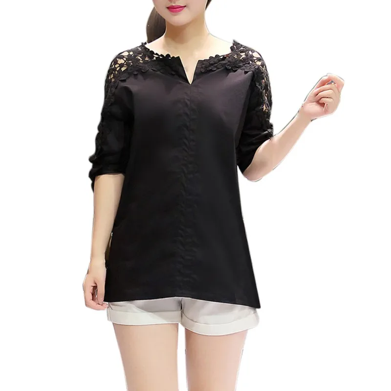 Elegant Lace Hollow Out Half Sleeve Blouse For Women Solid Color Summer V Neck Casual Shirt Soft Breathabler Versatile Tops