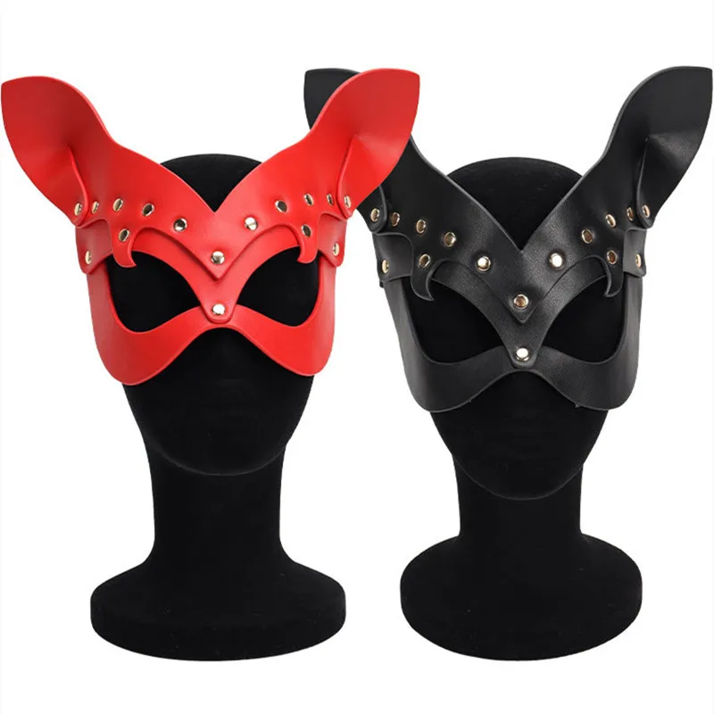 Cute Rabbit Cosplay Full Face Mask Sexy Adult Women/Men Headgear Role Play Fetish Animal Masks Metal Rivet PU Leather Head Cover