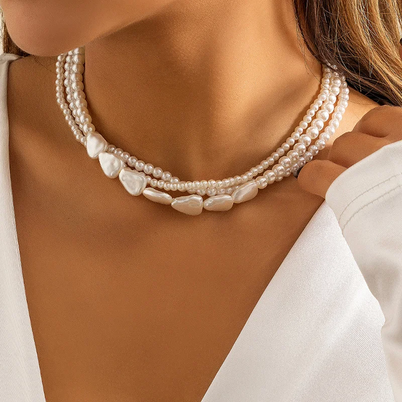 Vintage Pearl Necklace for Woman Elegant Chokers Multi-Layer Neck Chain Imitation Pearls Heart Necklace Wedding Party Jewelry