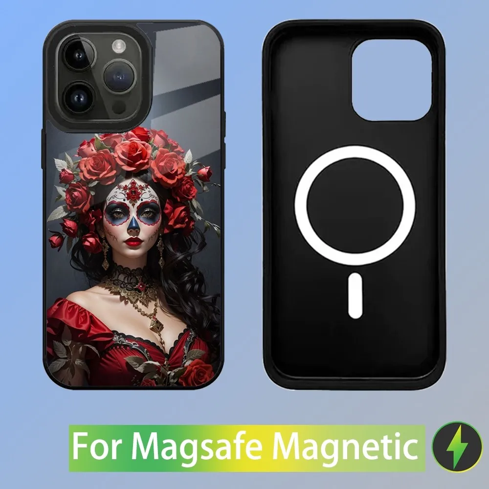 Mexican Catrina Skull Girl Phone Case For iPhone 15,14,13,12,11,Plus,Pro,Max Mini Magsafe Magnetic Wireless Charging