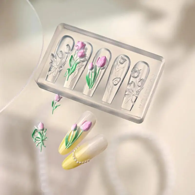 1 Stück hochtransparente 3D-Nagelkunst-Schnitzform mit Box, Schmetterlings-, Tulpen- und Lilienblumen-Vorlage für Nageldekoration – Detail 3