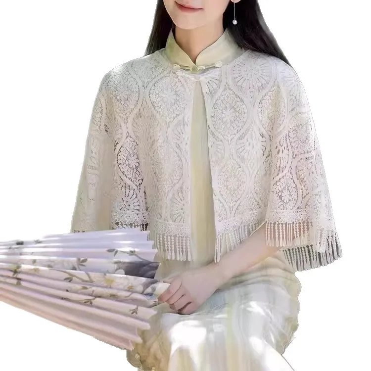 

ww27 women's cheongsam shawl outside shopping versatile hollow fringed thin spring and summer fashion high sense