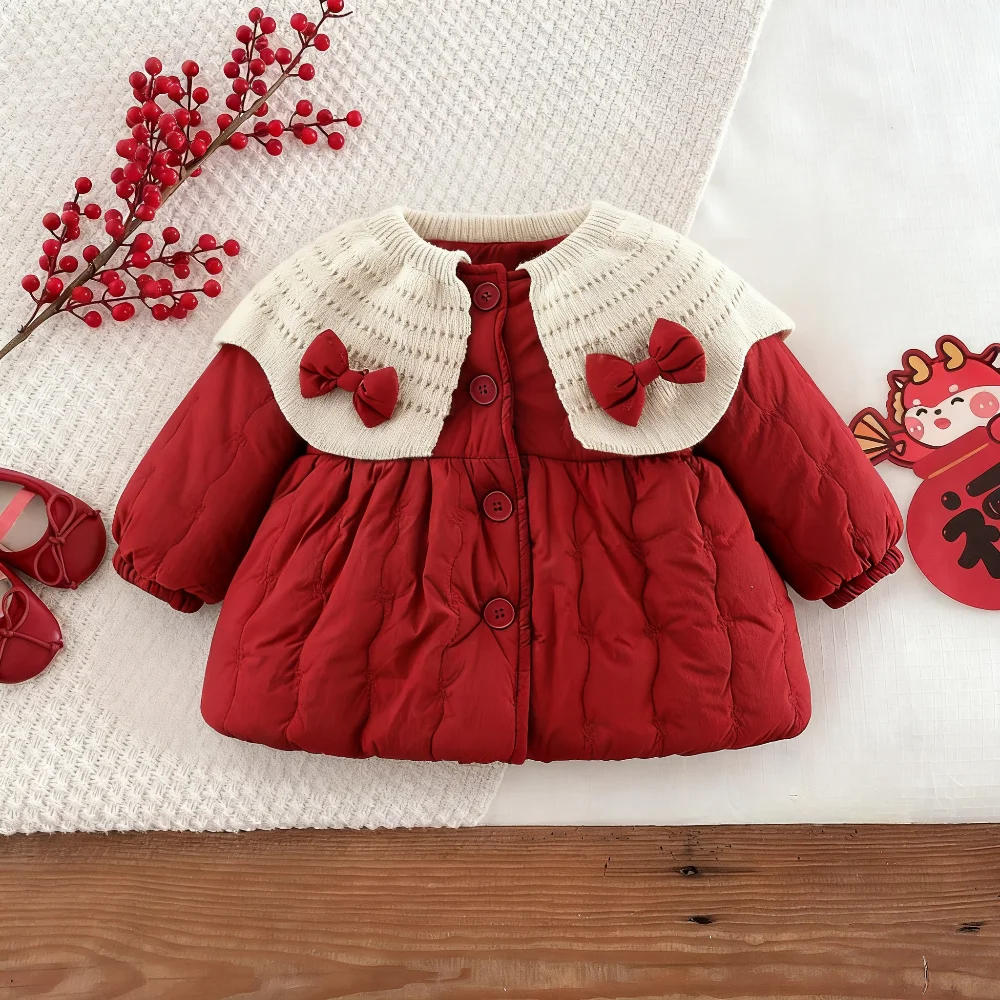 

Girls' Coat Winter Solid-Color Bow Tie Warm Baby Girl Cotton Coat Adorable Lapel Baby Outerwear Baby Winter Clothes
