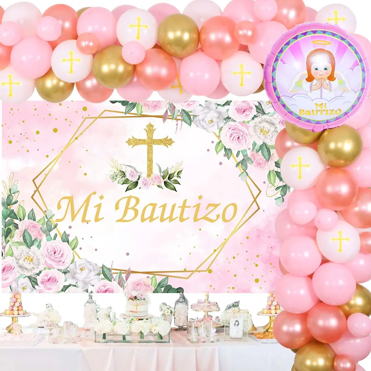 Mi Bautizo Party Decoration Pink White Balloon Garland Kit for Girls Mi Bautizo Backdrop Confirmation Baptism Party Decoration