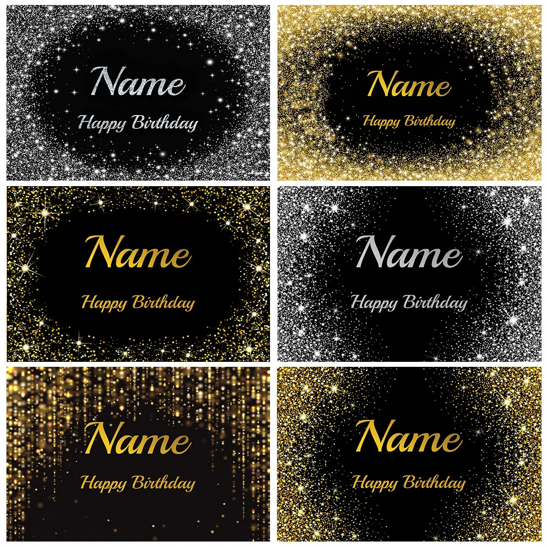 Black Golden Silver Glitters Custom Name Age Photo Backdrop Birthday Banner Background Happy Birthday Decoration Party Supplies