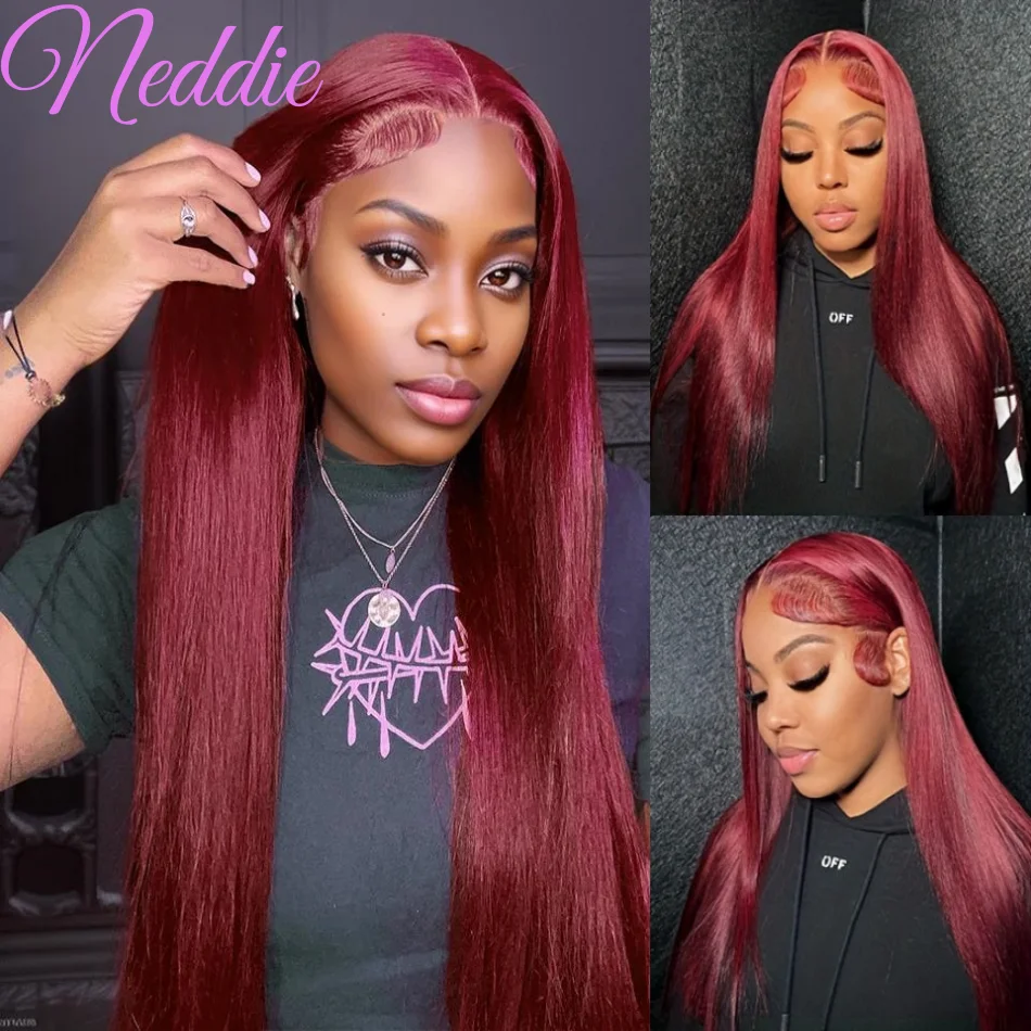 HD Lace Frontal Wig 13x4 13x6 100% Burgundy Straight Human Hair 30 40 Inch PrePlucked Transparent For Women Lace Front Wigs