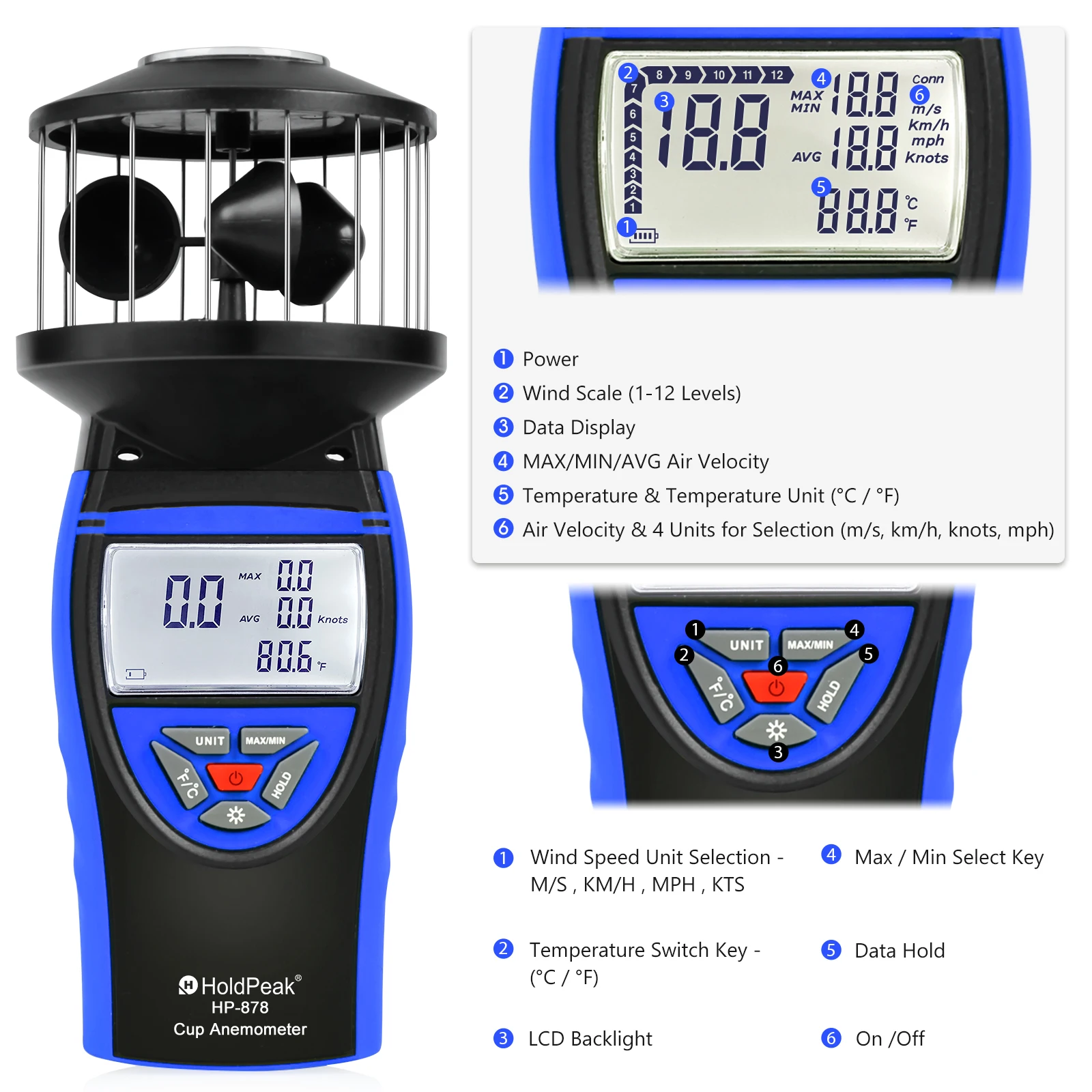 Ręczny miernik wiatru, anemometr cyfrowy HP-878 wyświetla temperaturę wiatru, objętość powietrza, prędkość/kierunek wiatru z podświetlenie LCD