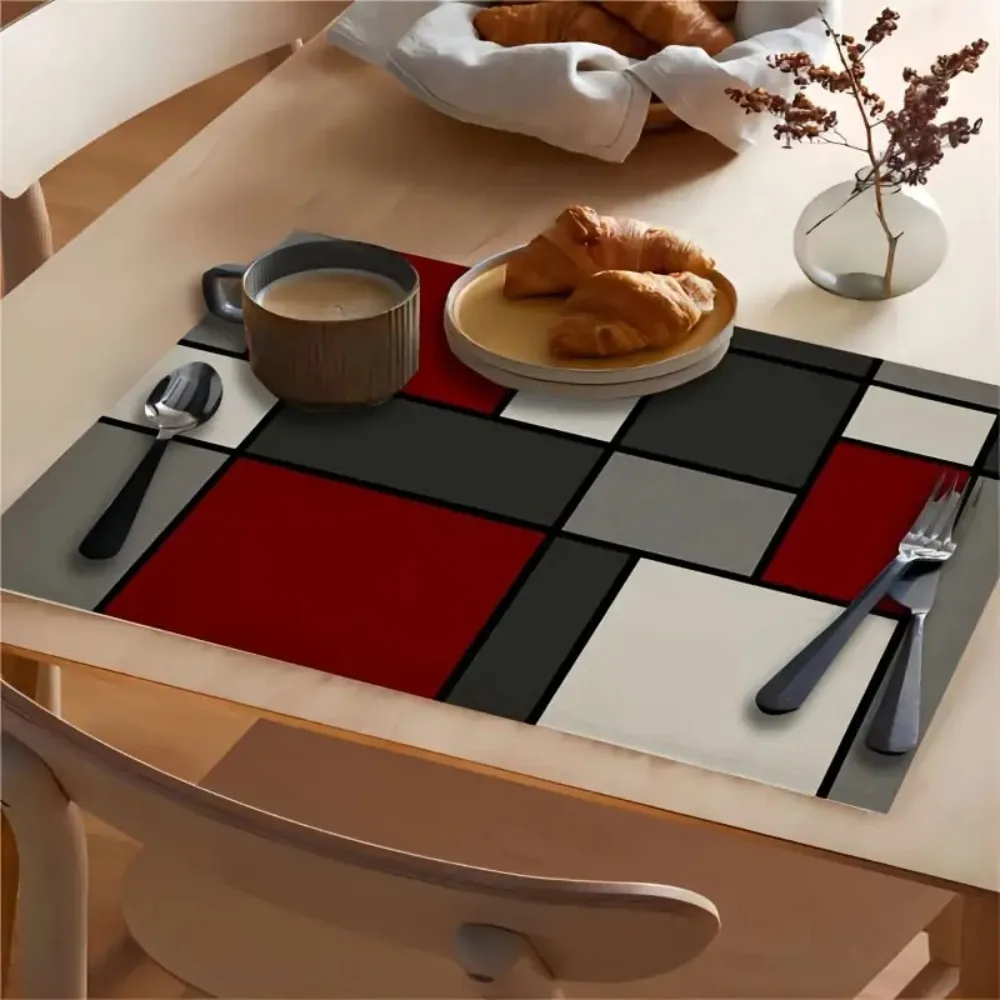 6 Piece Plaid Pattern Geometric Aesthetic Placemat Linen Waterproof Insulated Dinning Mat Heat-resistant Rectangular