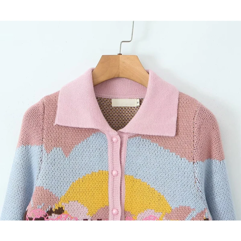 YENKYE 2024 Women Contrast Color Print Short Knit Cardigan Long Sleeve Lapel Collar Female Casual Autumn Sweater Outerwear