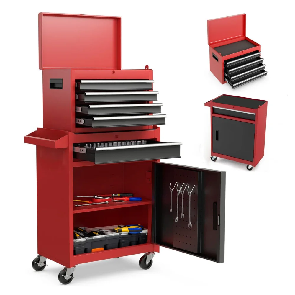 5-Drawer Rolling Tool Chest with Detachable Top Tool Box, Cold-Rolled Steel Storage Cabinet, EVA Drawer Liners, Adjustable Shelf, Locking Mechanism, Side Hooks and Four Universal Casters, Red 2-in-1 Mobile Tool Cart for Garage Workshop Organization