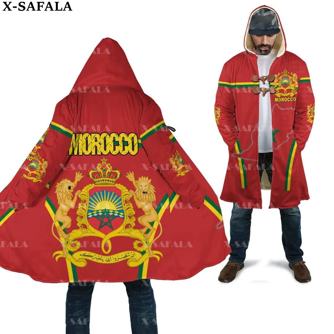 Thick Warm Hooded Cloak for Men Morocco Emblem Country Flag Overcoat Coat 3D Print Windproof Fleece Cape Robe Hooded Blanket-2