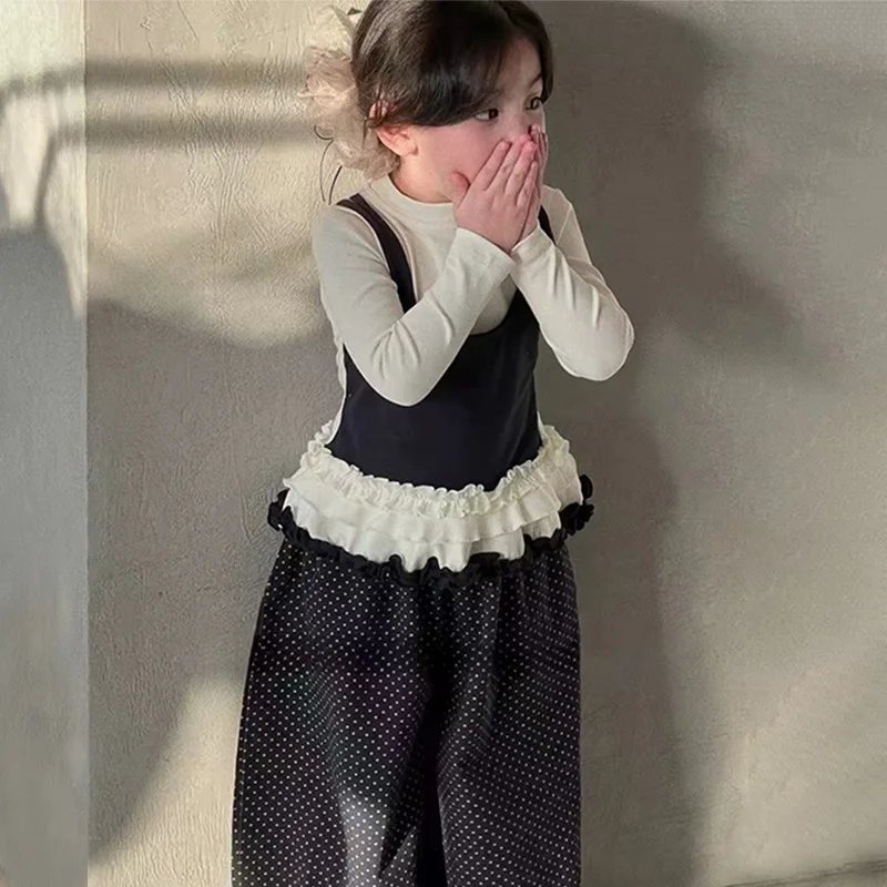 

Two Piece Set Casual Girls 2025 Design Cute Patchwork Fake Two Piece Lace Top Polka Dot Casual Pants