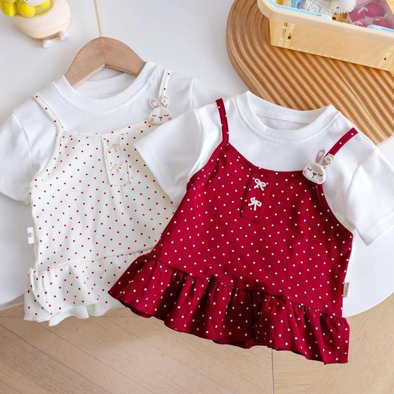 

Summer Girls Baby T-shirt Red and White Polka Dots Versatile Cute Fake Two Piece Tops Sweet Rabbit Toddler Half Sleeve Tees