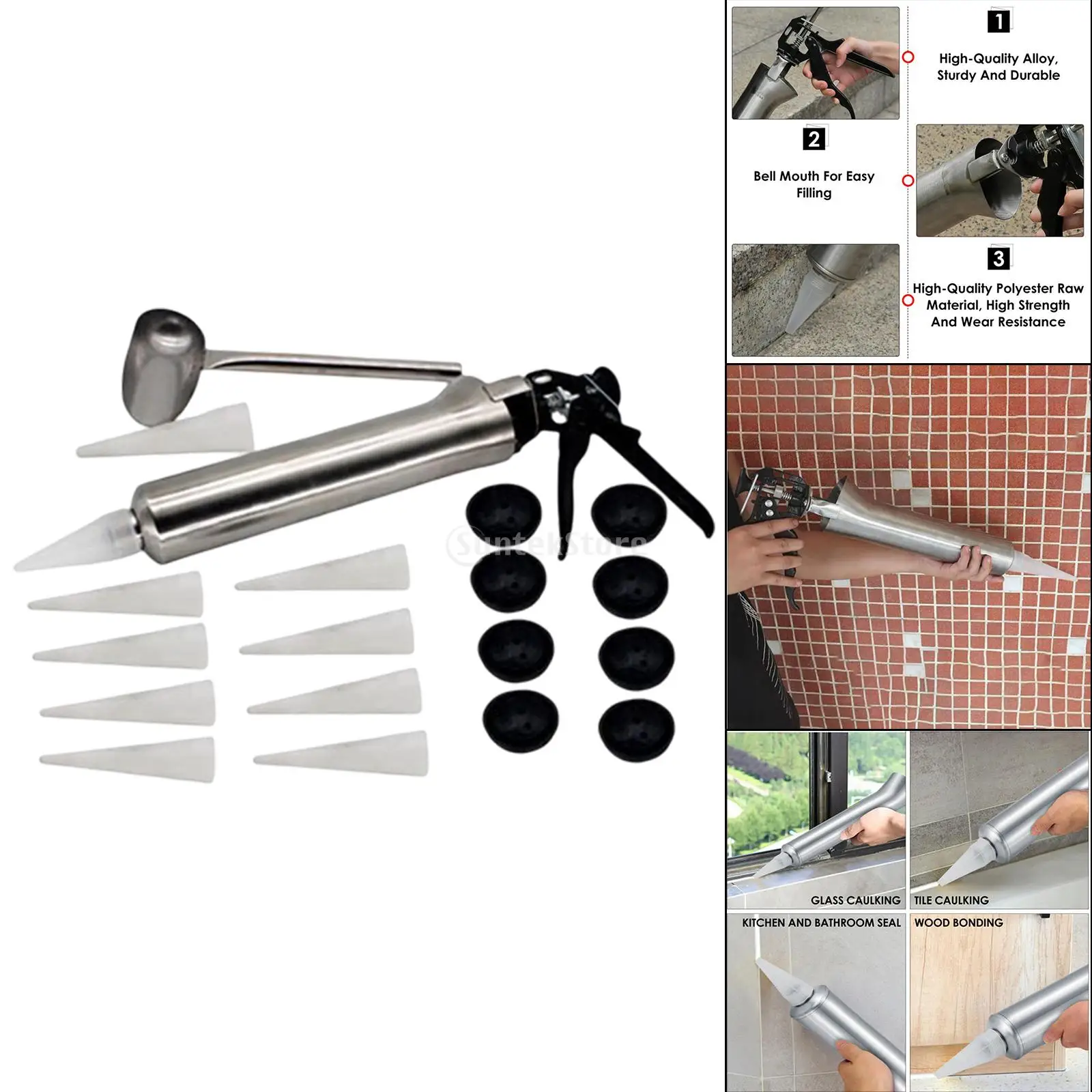 Caulking Gun Mortar Syringe Joint with 10 Nozzles Sprayer for Fill Terraces Floors Stainless Steel Hand Pointing Grouting Mortar