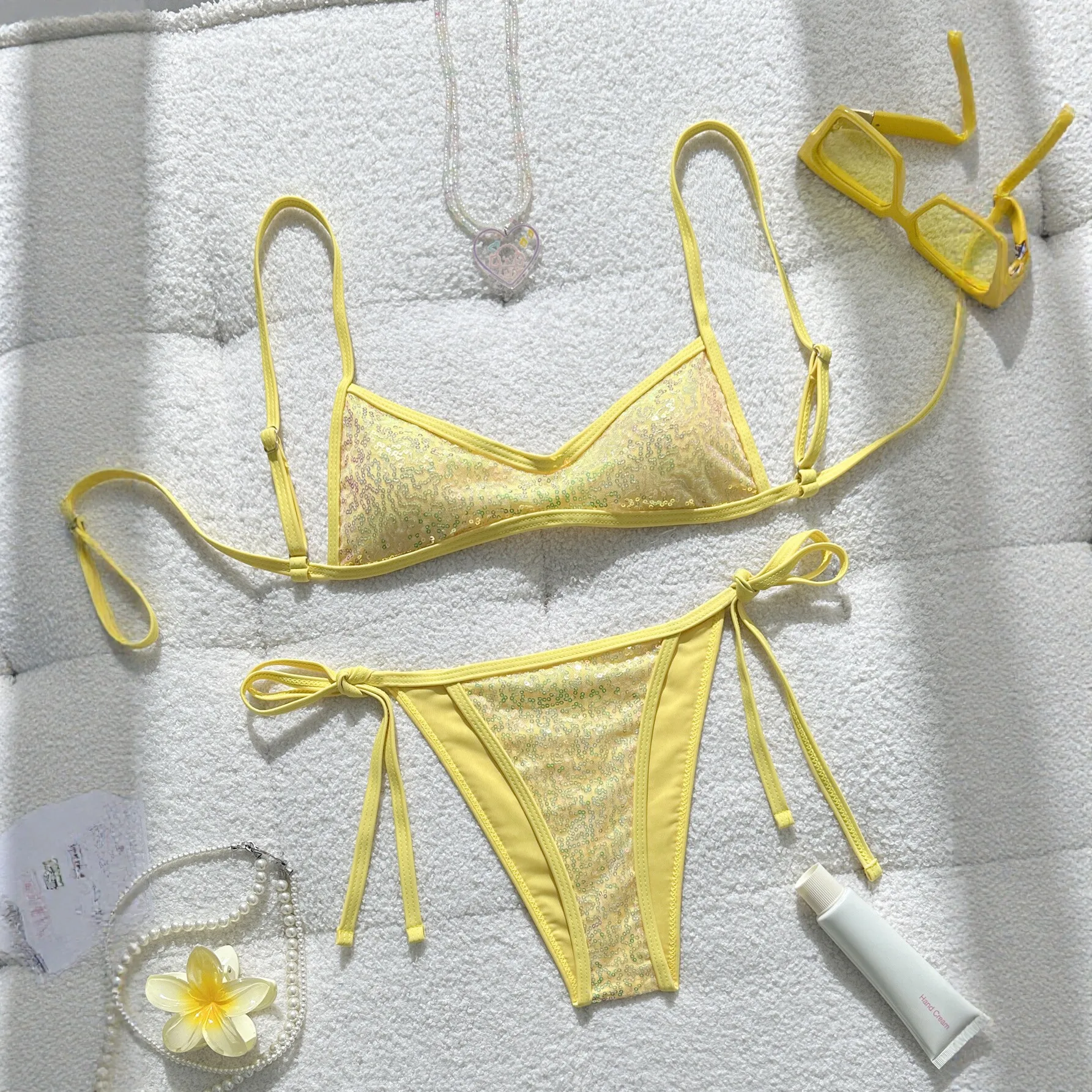 New Shiny Sequins Bikini Female Swimsuit Women Swimwear Two-pieces Bikini Set High Leg Cut Padded Bather Bathing Suit Swim