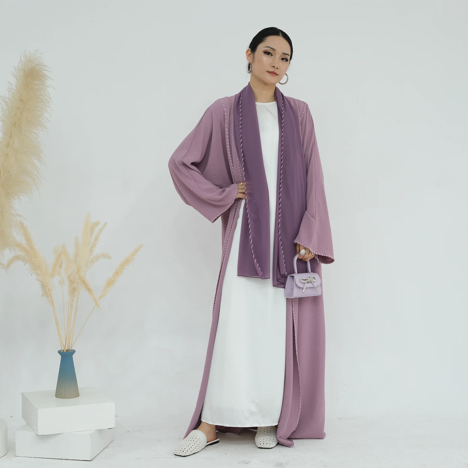 

Дубайская арабская женская абайя с длинными рукавами, свободного кроя, элегантная, с головным платком, открытая, в стиле кимоно, исламская одежда, халаты