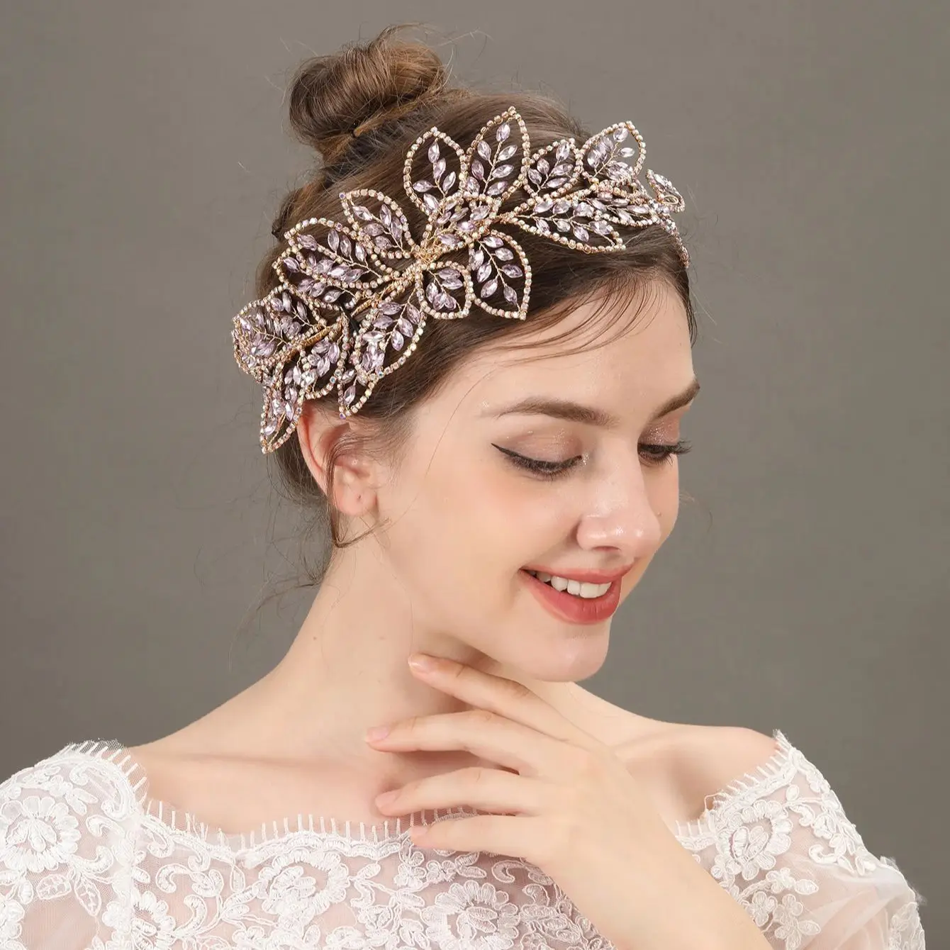 New Luxury Bridal Headpiece Rhinestone Wedding Hair Accessories Crystal Bridal Headband Leaf Floral Woman Headwear image 4